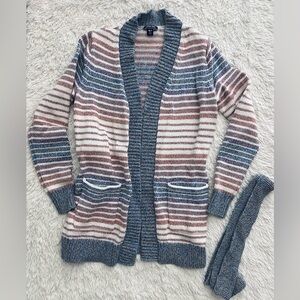 Lands End Striped Open-Front Cardigan Sweater with matching belt